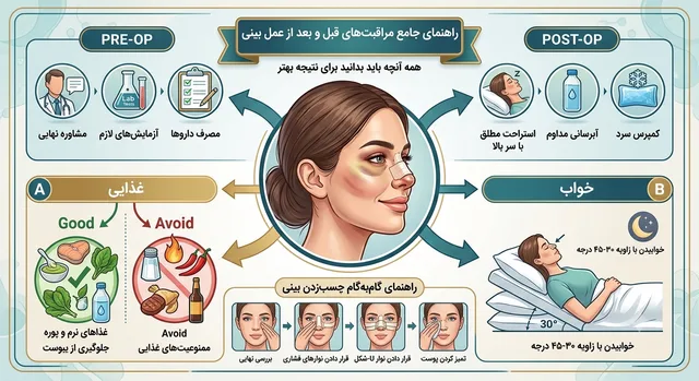 راهنمای جامع مراقبت‌های قبل و بعد از عمل بینی : از رژیم غذایی تا نحوه چسب زدن